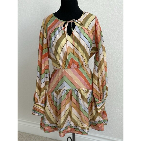 CIEBON Women’s M Emerie Chevron Striped V-Neck Long Sleeve Mini Dress Colorful - Picture 3 of 10